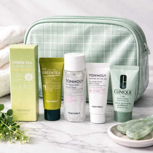 Tonymoly Other - TONYMOLY Green Tea & Ceramide Skincare + Clinique Exfoliant + Cosmetic Bag
